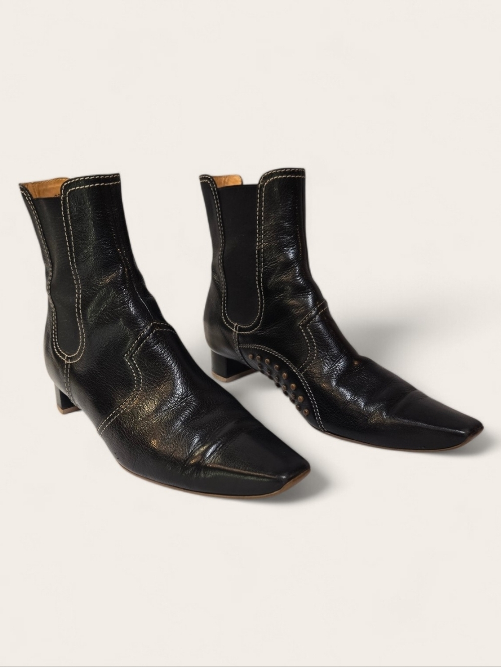 TOD’S Black Leather Ankle Boots Square Toe Block Heel Made in Italy - Size 8